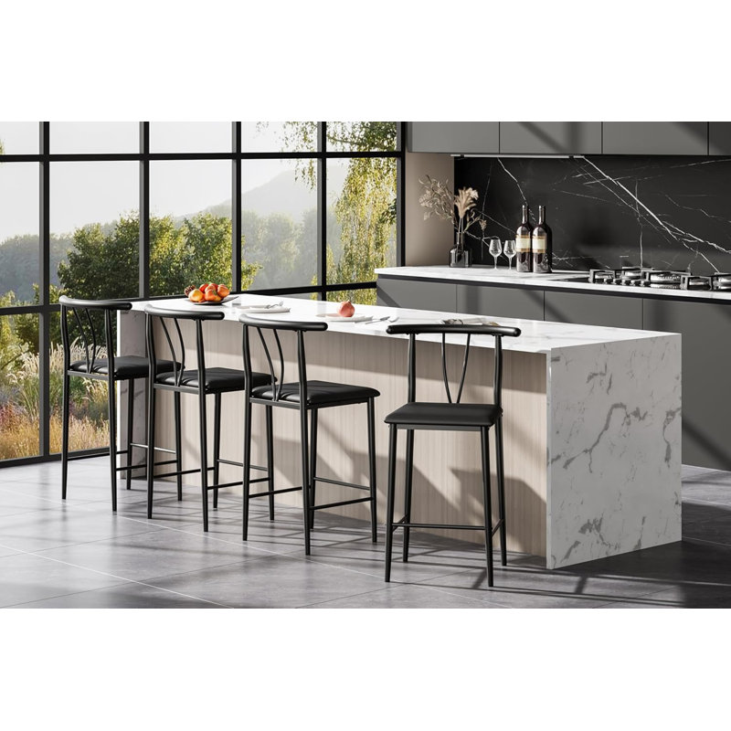 25" Counter Height Bar Stools Set of 4, Faux Leather Seat, Metal Legs, Kitchen Island Chairs, Black, 4