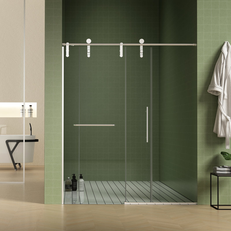 Porte de douche de salle de bain, l 56 à 60 po x H 70 po, verre trempé de 8 mm, porte coulissante en nickel brossé et en verre épais imperméable, barre à serviettes coulissante, couche de nettoyage double face et tampon moderne