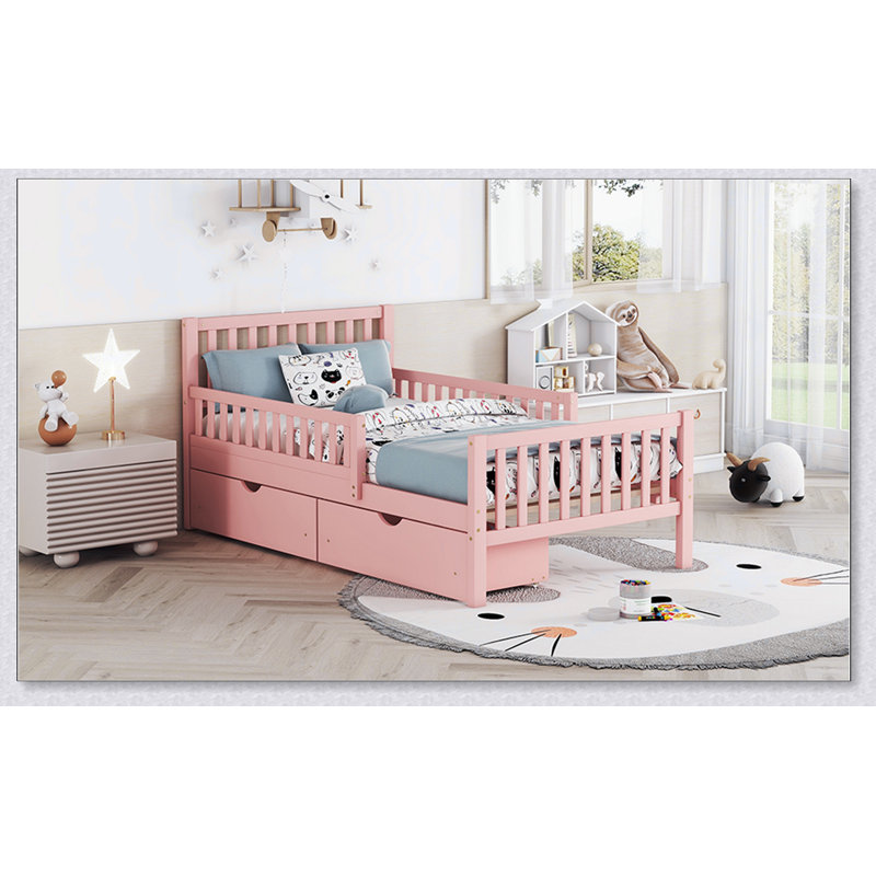 Lit plateforme simple en bois avec garde-corps des deux côtés et deux tiroirs de rangement, Rose