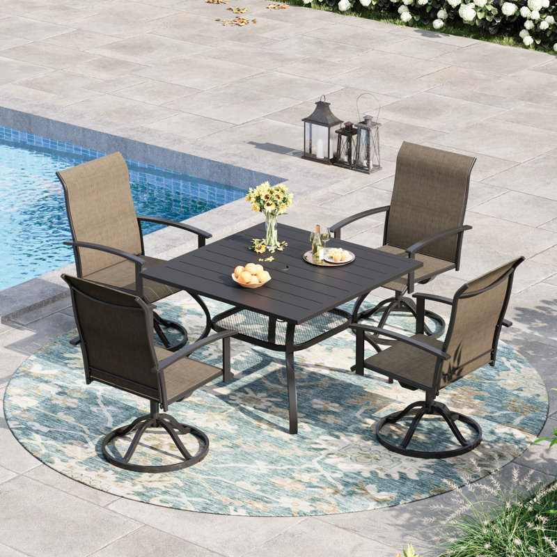 Ensemble de salle à manger de patio pour 4 personnes avec chaises pivotantes en textilène, Noir / brun