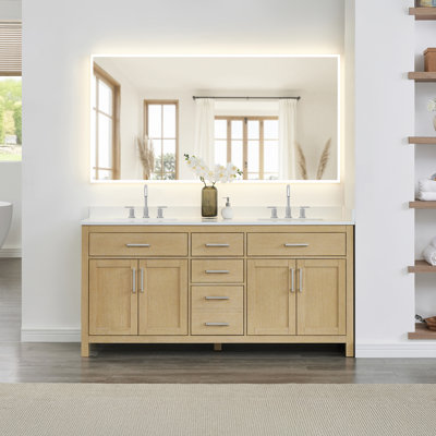 Beckett 72 Inch Double Bathroom Vanity in Whitewashed Oak, White Cultured Marble Countertop, Undermount Square Sinks (3-Hole), Brushed Nickel Trim