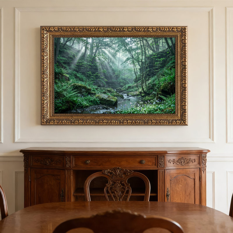 Art mural en toile noyer doré encadré pour salon, chambre à coucher, bureau ou vestibule - décoration murale décorative avec ruisseau de forêt