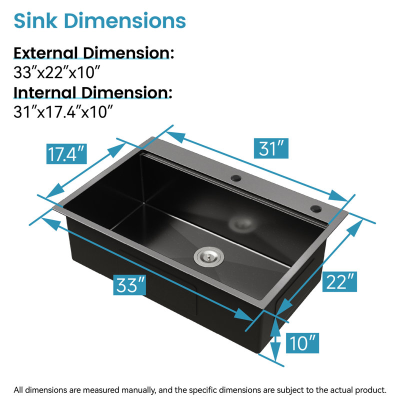 Évier de cuisine en acier inoxydable 33 x 22 à cuve simple en noir, sur comptoir avec planche à découper, offrant un évier noir pratique, améliorant le confort et le fonctionnement silencieux