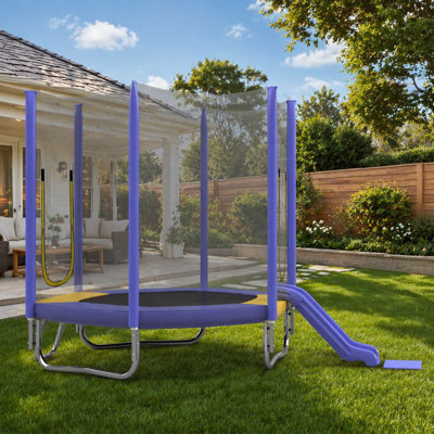 7FT Hexagonal Kids Trampoline with Safety Enclosure, Slide, and Ladder, Easy Assembly, UV-Protected, Purple