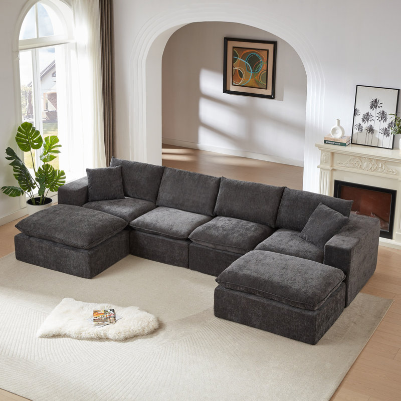 Canapé modulaire en forme de U avec poufs convertibles Boneless, Gris foncé