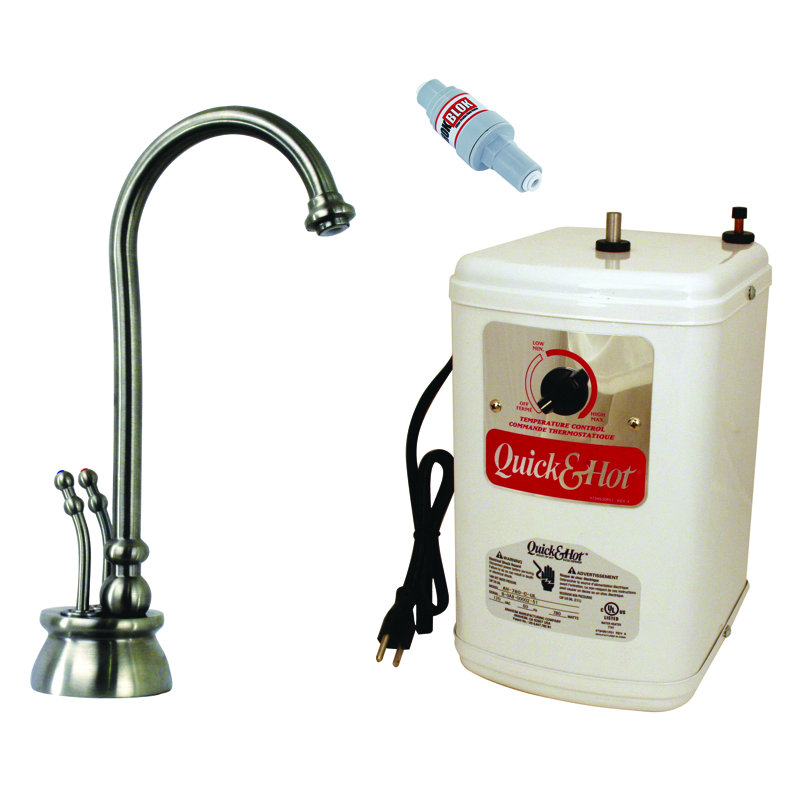 Robinet distributeur d'eau chaude et froide à 2 poignées 10 po avec réservoir de chauffage Docalorah, Nickel satiné