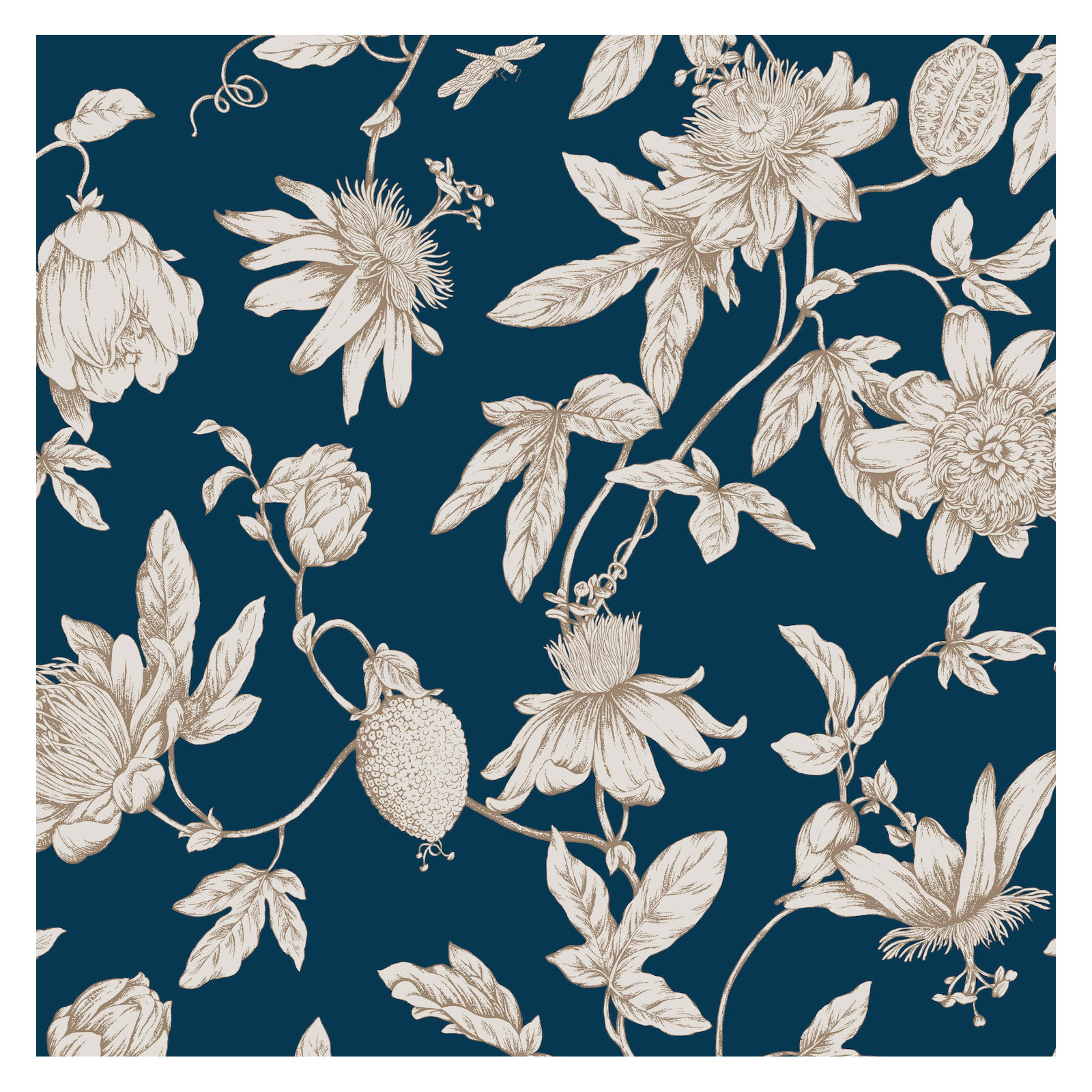 Passion Flower Toile Floral Wallpaper, Navy