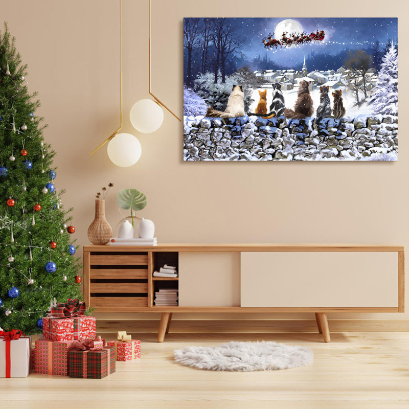 Toile encadrée, décoration de Noël, peinture d'animaux mignons, Père Noël dans la luge, peinture pour cadeau de Noël, bureau, salle à manger, salon, salle de bain, décor de chambre à coucher, prête à être accrochée, encadrée sur toile