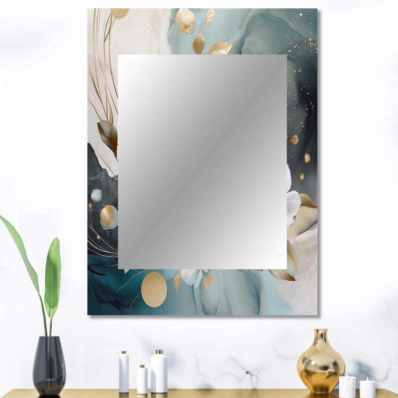 Blue Marble Gold Floral Impressions II - grand miroir floral, miroir mural décoratif traditionnel, impression d'art en métal