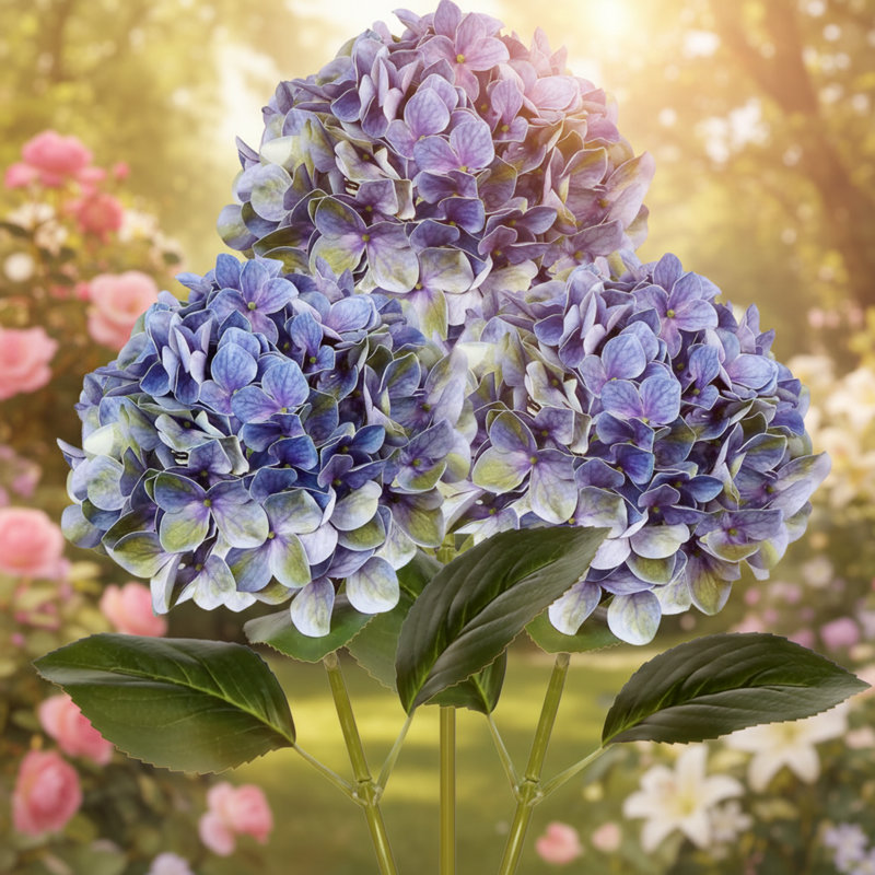 Trois fleurs d'hortensia artificielles bleues et mauves, décorations florales naturelles, parfaites pour les bouquets de mariage.