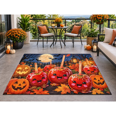 Tapis d'extérieur 152 x 213 cm (5 pi x 7 pi) à motifs de citrouilles et de pommes d'amour pour l'Halloween, en PVC épais, imperméable et bouclé, idéal pour une terrasse ou une entrée. Séchage rapide.