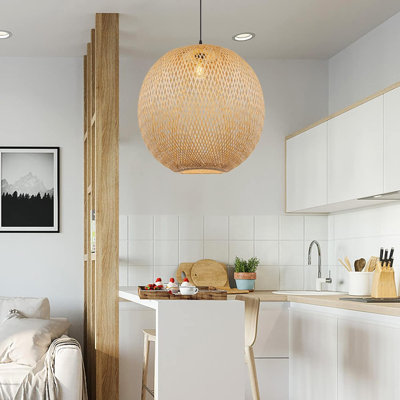 Arturesthome Handwoven Bamboo Pendant Light, 40Cm Rattan Boho Chandelier Hanging Lamp For Kitchen Island