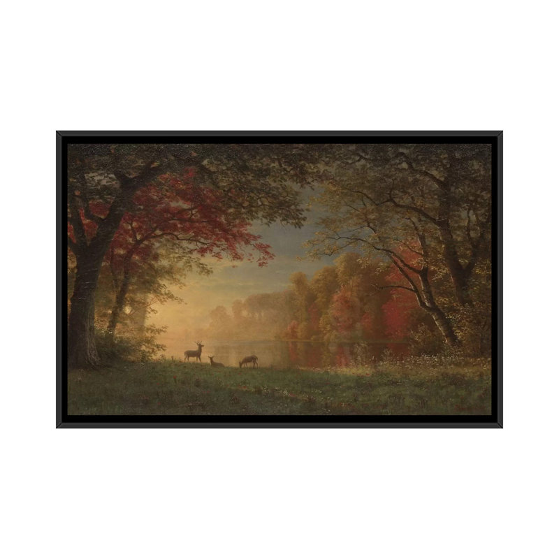 «Indian Sunset: Deer by a Lake., C.1880-90», reproduction sur toile, H 18 po x l 26 po x P 1,5 po, Toile avec cadre noir