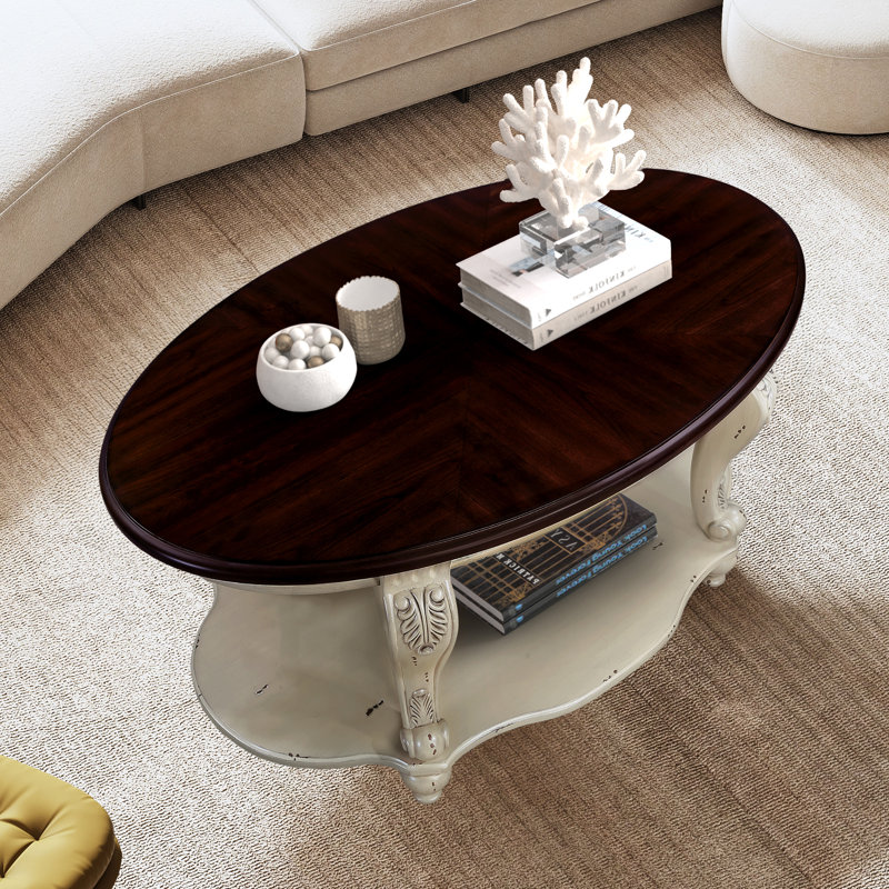Table basse ovale en bois 42 pouces, Blanc antique, Brun foncé