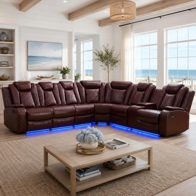 Ensemble de canapés inclinables électriques pour salon, canapé inclinable en cuir avec éclairage d'ambiance DEL, sièges de cinéma maison avec ports USB / alimentation sans fil, console de rangement et porte-gobelets, (rouge brunâtre)