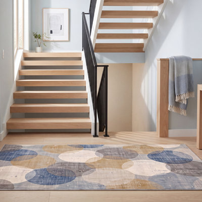 Tapis en polyester lavable Obsidian moderne géométrique bleu