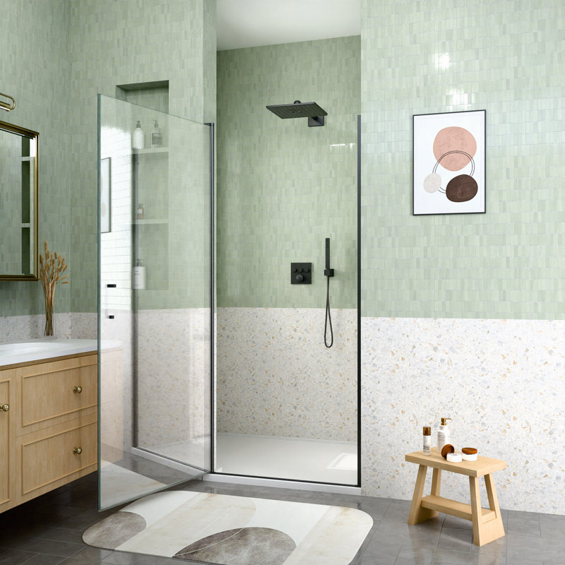 34" W X 72" H Semi-Frameless Circular Shower Door With 1/4" (6Mm) Thick SGCC Tempered Glass, Matte Black