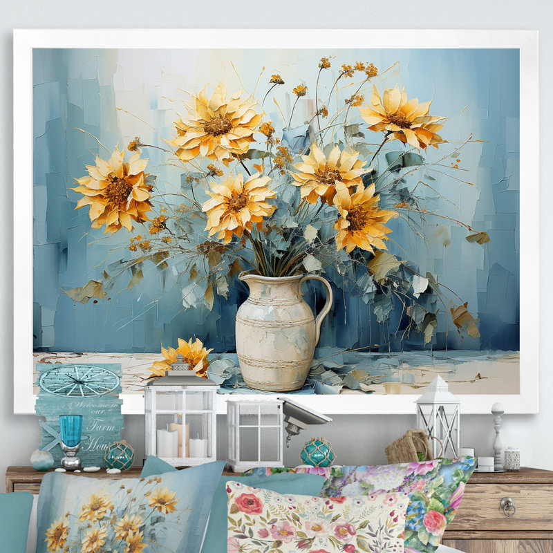 «Blue Sunflowers Farmhouse Still Life» sur toile, H 34 po x l 44 po x P 1,5 po, Cadre photo blanc