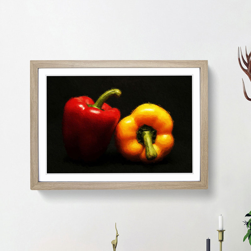 Red & Yellow Bell Pepper - Picture Frame Painting Print, 36cm H x 48cm W x 2cm D, Oak Framed