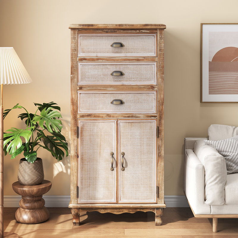 Armoire de rangement en bois avec porte et 3 tiroirs, Blanc ancien