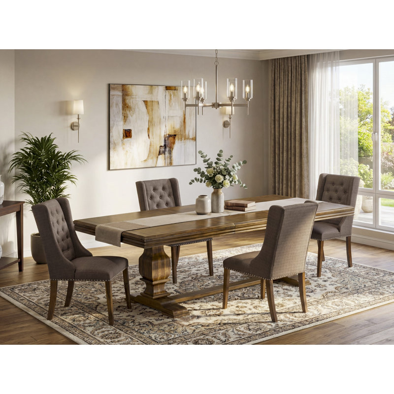L'ensemble de table de salle à manger 5 pièces se compose d'une table de cuisine et de 4 chaises modernes en tissu de lin brun avec dossier capitonné - finition noyer antique.