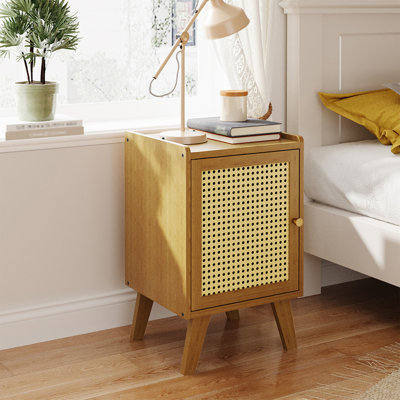 Rattan Door Bamboo Nightstand, Tea Tone Single Cabinet Bedside Table