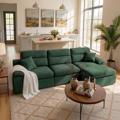 111" 3-Seat Space-Saving Slub Chenille Fabric L-Shaped Sectional Sofa with High Backrest, Modular Corner Chaise Sofa Bed,No Assembly Required (Green)