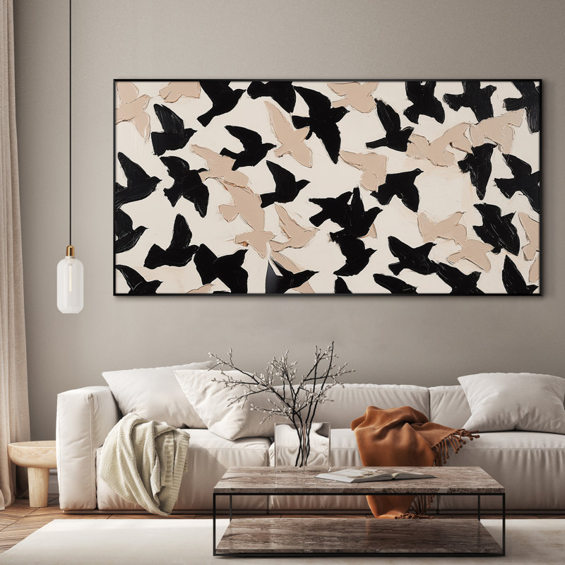 Très grande reproduction d'art sur toile - Motif d'oiseaux volants noir et beige pour le salon ou la chambre à coucher - «Assemblage requis du cadre (cadre non fini)»