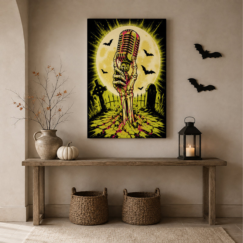 Toile verte tenant un micro rétro sur toile d'Halloween, H 48 po x l 32 po