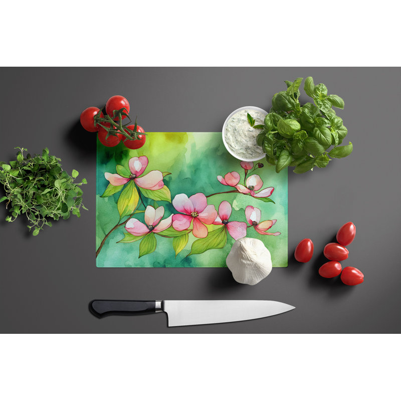 Virginia American Dogwood in Watercolor Glass Cutting Board Large