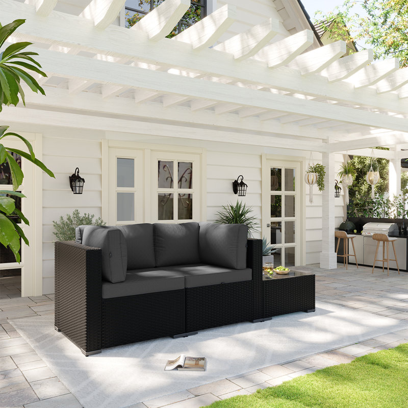3 -Person Rattan Patio Safo With Cushions, Brown, Gray