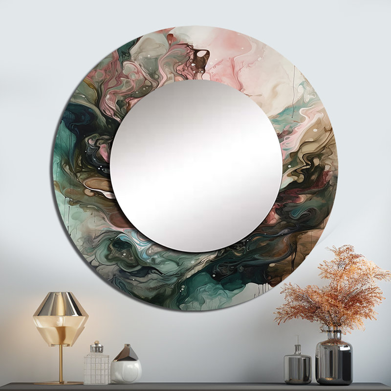 Osnat rose vert Inner Worlds of Marble III - miroir mural géométrique unique, miroir rond rose, impression d'art en métal