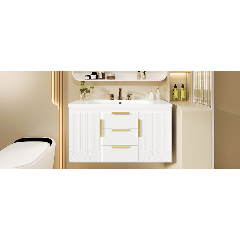 Rangement mural flottant pour salle de bain 36 po, 2 tiroirs, planches de haute qualité, charnières, glissière lisse, poignées rouille, finition imperméable, lavabo à trois trous de 36 po x 18 po, facile à installer, blanc moderne