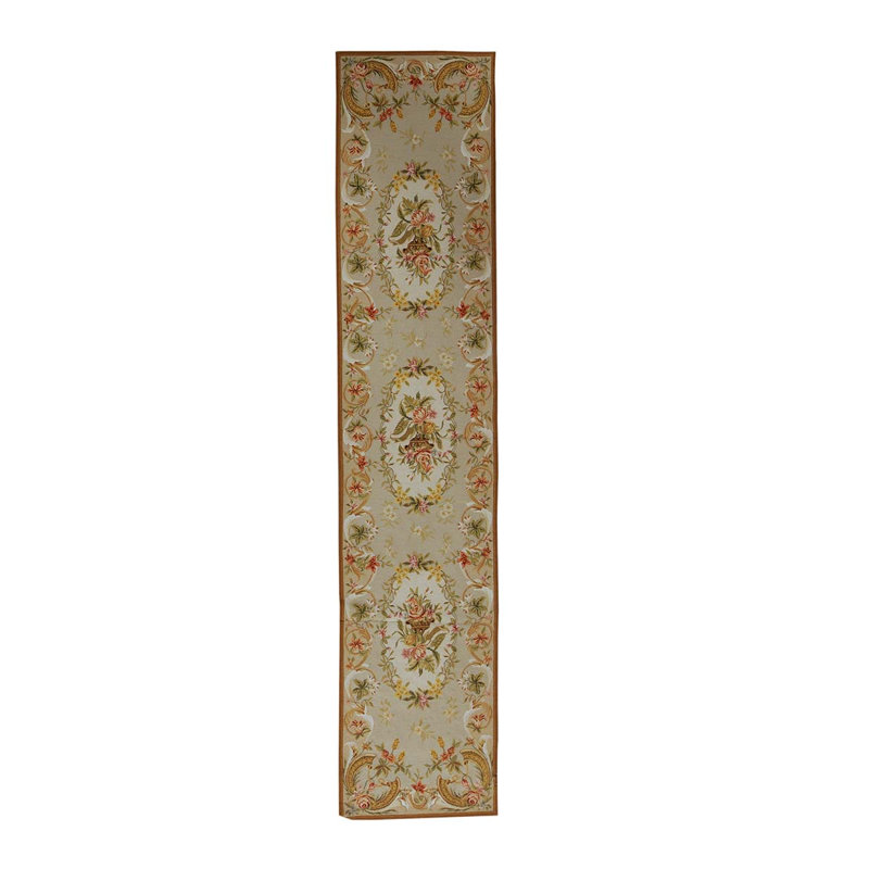Tapis beige / vert / jaune noué à la main de haute qualité