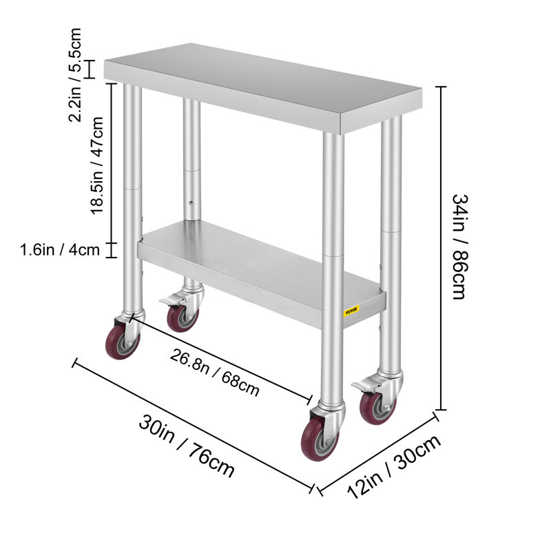 Stainless Steel Work Table 30 x 12 x 34 Inch, 700 LBS Load Capacity with 4 Wheels, 3 Adjustable Height Levels