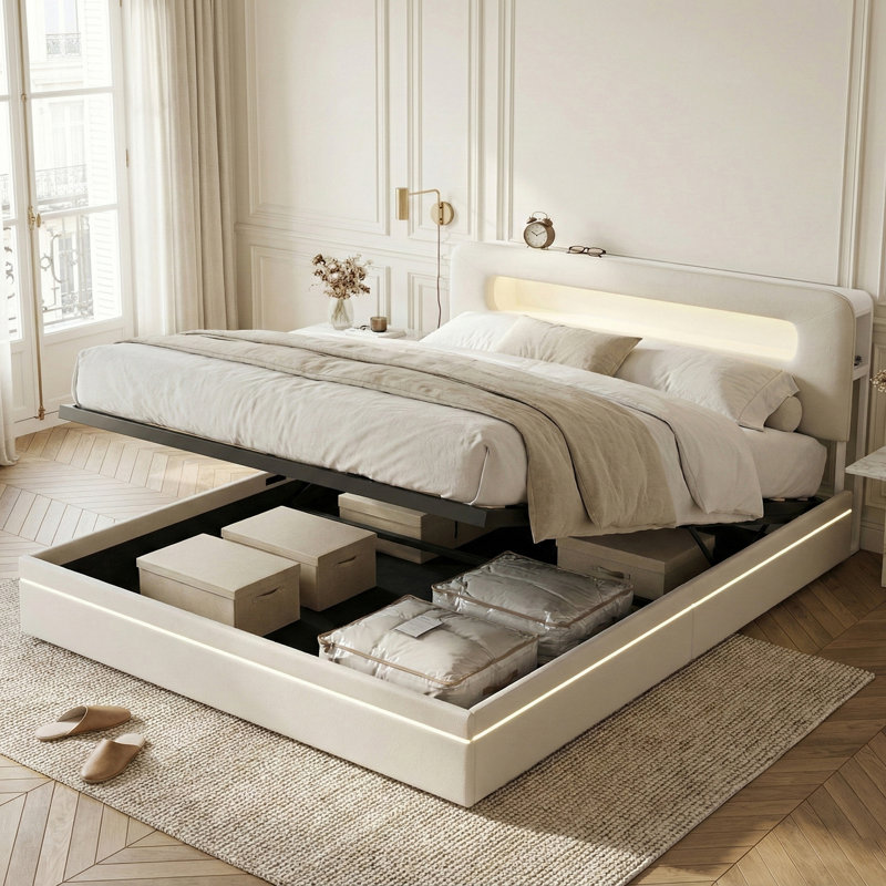 Ottoman Bed With LED Storage Headboard, Beige Velvet Upholstered Frame, European Kingsize (160 x 200 cm)