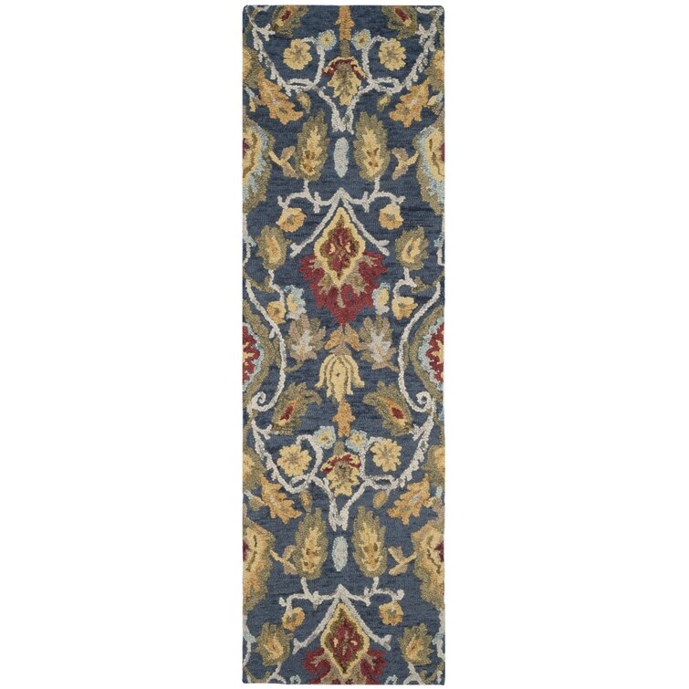Laddha Home Designs 7' Blue and Yellow Floral Medallion Hand Hooked Round  Area Throw Rug