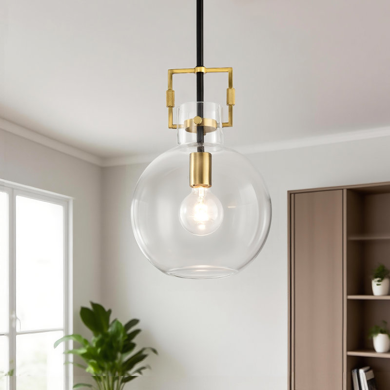1-Light Matte Black and Gold Pendant With Clear Glass Shade , Matte Black/Gold, 14.25" H x 9.75" W x 9.75" D