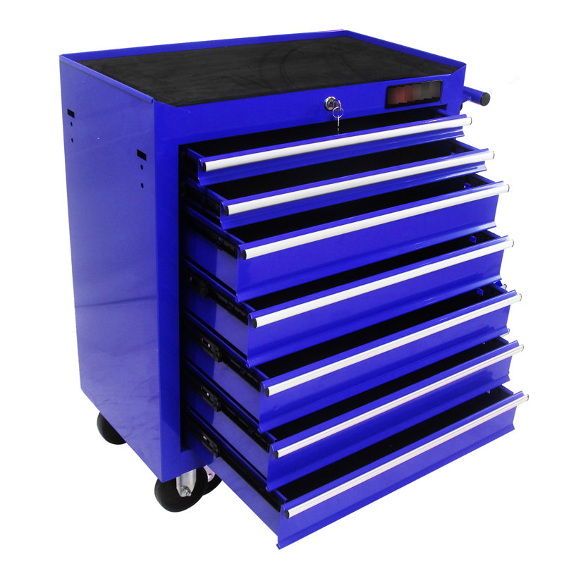 Blue 7 Drawers Tool Cart With Pull Handle And Wheels, Cold Rolled Steel, Powder Coated, 4" , Bearing Slide, Lockable Multifunctional Wheels  2 Brake ,
