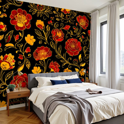 Papier peint adhésif style russe traditionnel de style khokhloma pelez et collez H 100 po x l 144 po papier mural amovible en PVC auto-adhésif pour chambre à coucher salon bureau à domicile