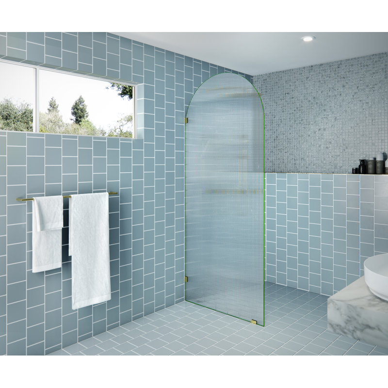 Maven 32 in. x 86.75 in. Fully Frameless Arched Fluted Single Fixed Shower Panel, Polished Brass