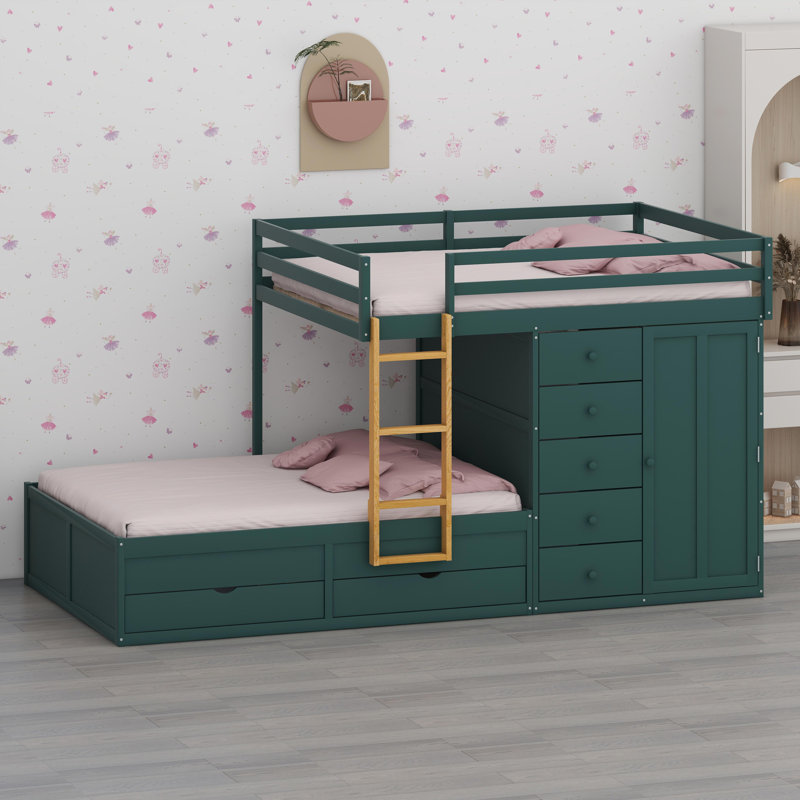 Lit superposé peu encombrant avec grands et petits tiroirs de rangement et garde-robe intégrée, Vert