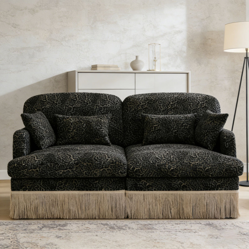 Comfy Chenille Leopard Printing Sofa,Delicate Tassel Edge,Movable Ottomans,Modern Fashion Style, Green+2seat