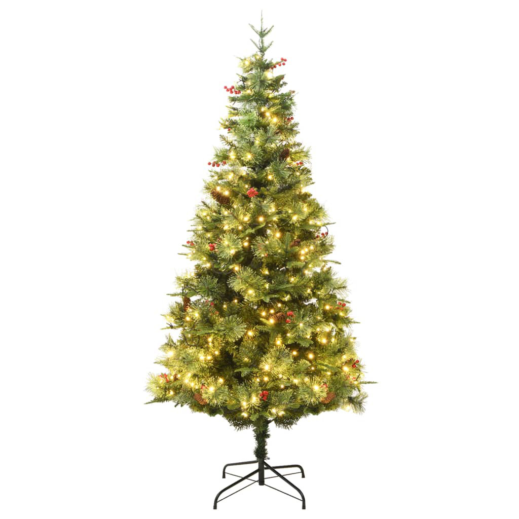 Künstlicher Weihnachtsbaum 120 cm Grün mit LED-Leuchten in Warmweiß, Tannenzapfen, Beeren und Ständer