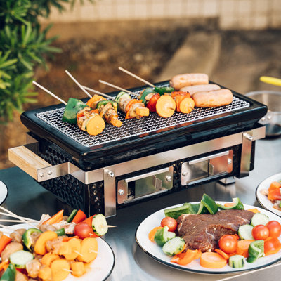 Rectangular Portable Enamel Charcoal Grill Grill With Stainless Steel Griddle, Hibachi Grill -  Hitechluxe, THT115-BK