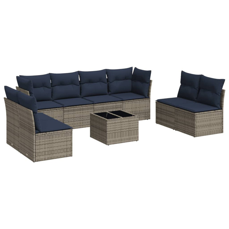 Ensemble de canapé de patio 9 pièces avec coussins en rotin de polyester, Marine, Gris