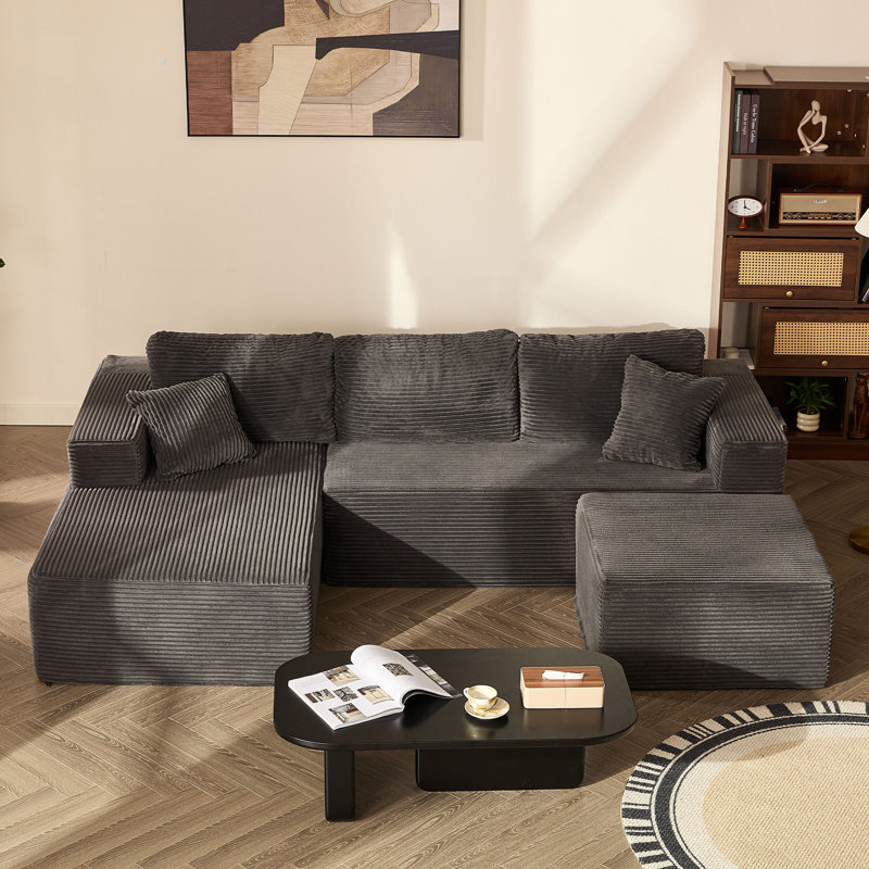 Modular Sofa for Living Room, L-Shaped Left Chaise, 272cm Foam Sofa System for Living Room, Corduroy,, Grey
