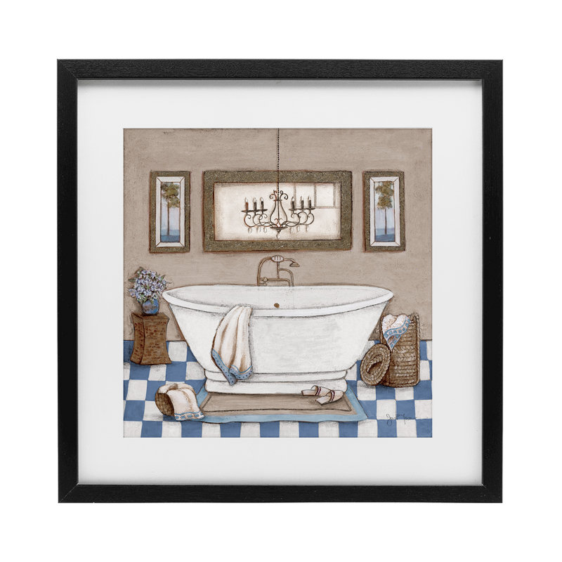 Reproduction sous verre à carreaux de salle de bain et lustre, design par Janet Tava, H 16 po x l 16 po