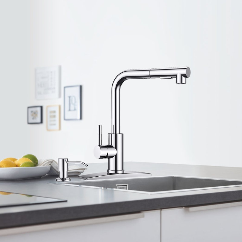 Kitchen Faucet With Soap Dispenser, Single Handle Pull-Out Faucet, Suitable For Kitchen Sink And Laundry Room., Chrome