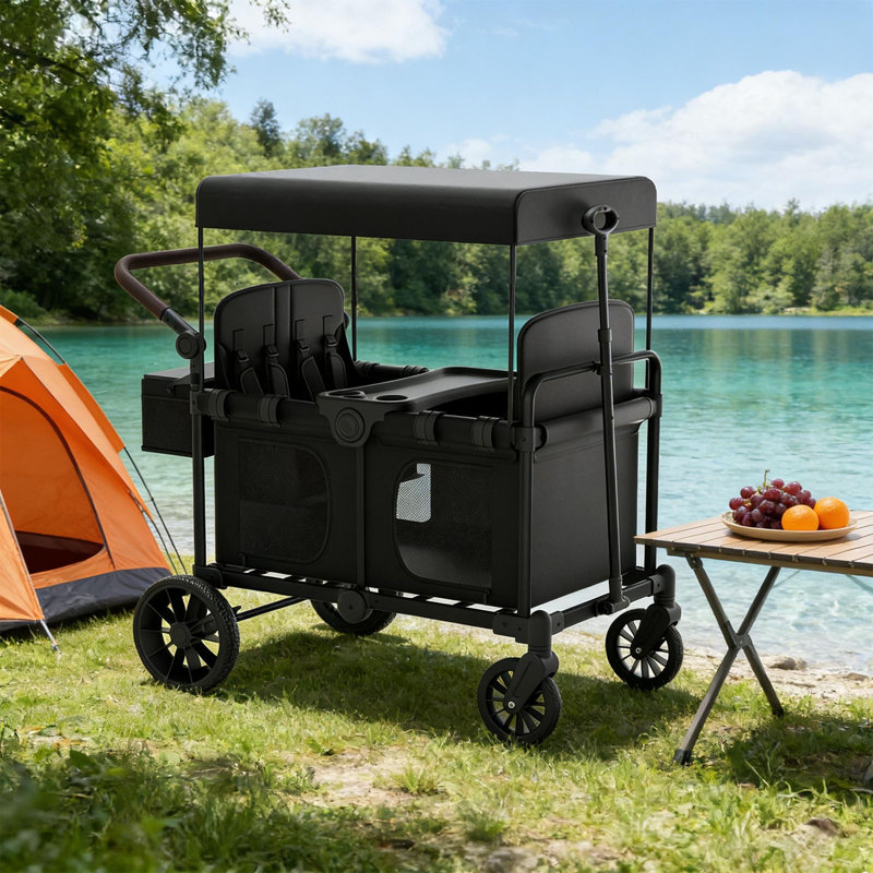 Wagon pliant avec auvent pour enfants et cargaison, chariot d'extérieur pliable robuste avec freins et roues tout-terrain de 156 lb, 4 sièges